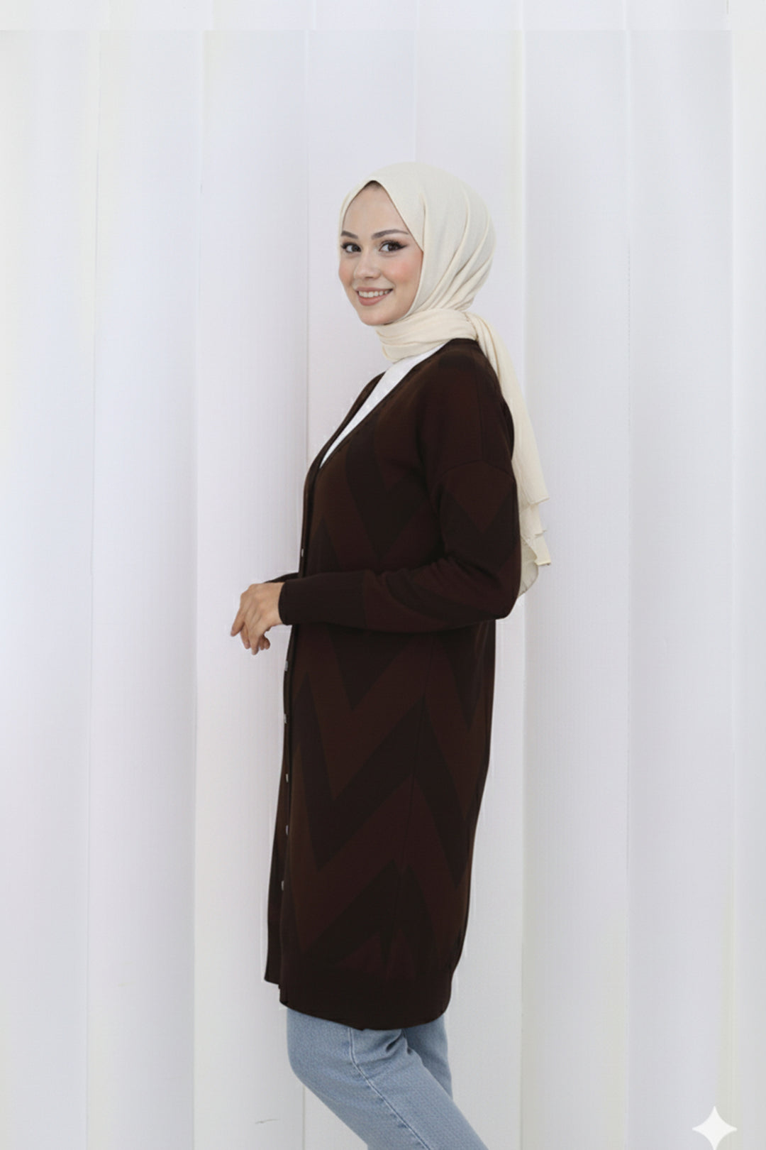 BNG Women Patterned Long Mercerized Cardigan N3193 Brown - Arden-Arcade