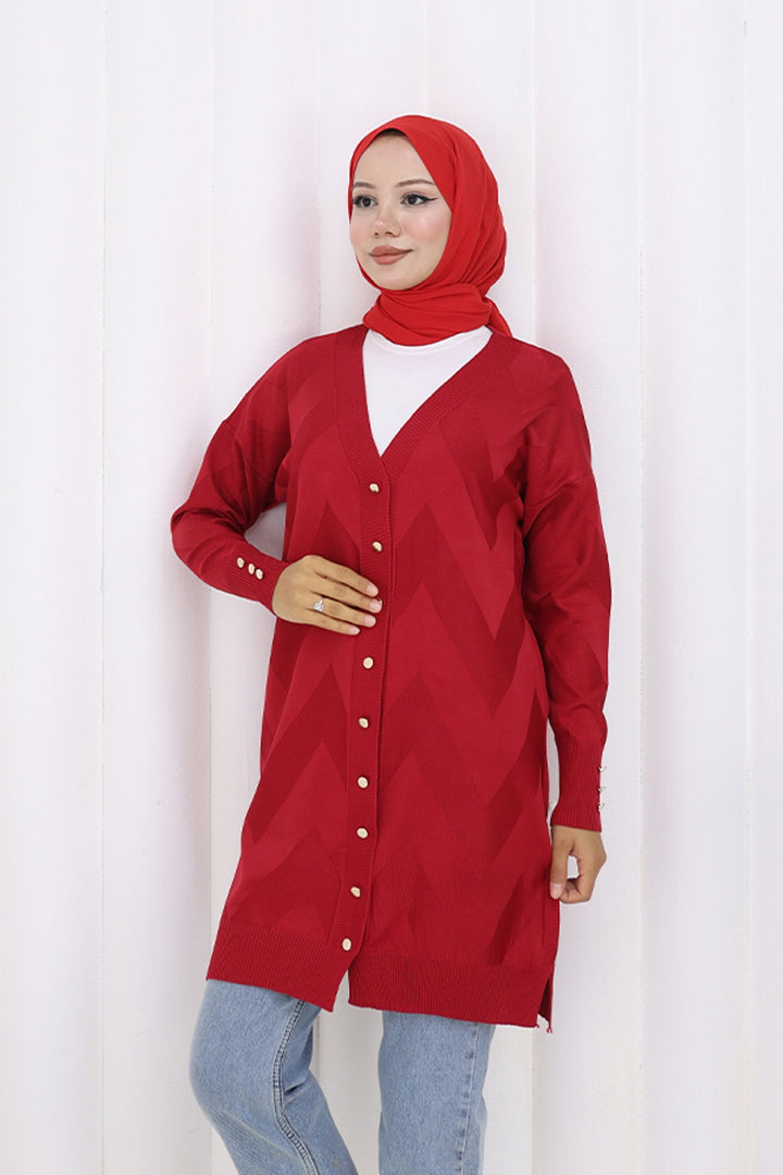 BNG Women Patterned Long Mercerized Cardigan N3193 Red - Encarnación de Díaz