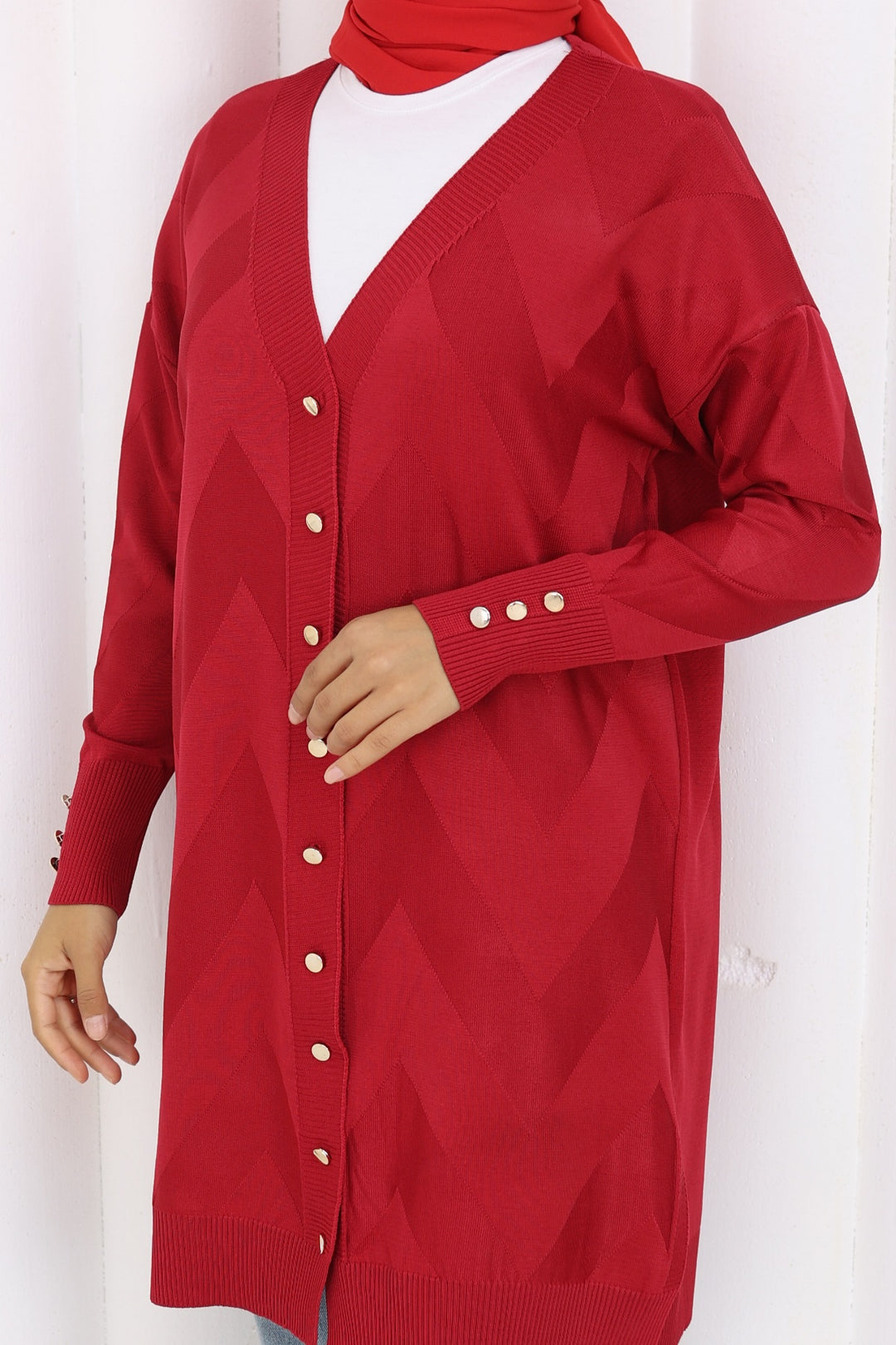 BNG Women Patterned Long Mercerized Cardigan N3193 Red - Encarnación de Díaz