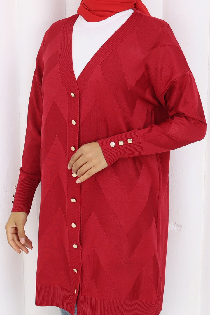 BNG Women Patterned Long Mercerized Cardigan N3193 Red - Encarnación de Díaz