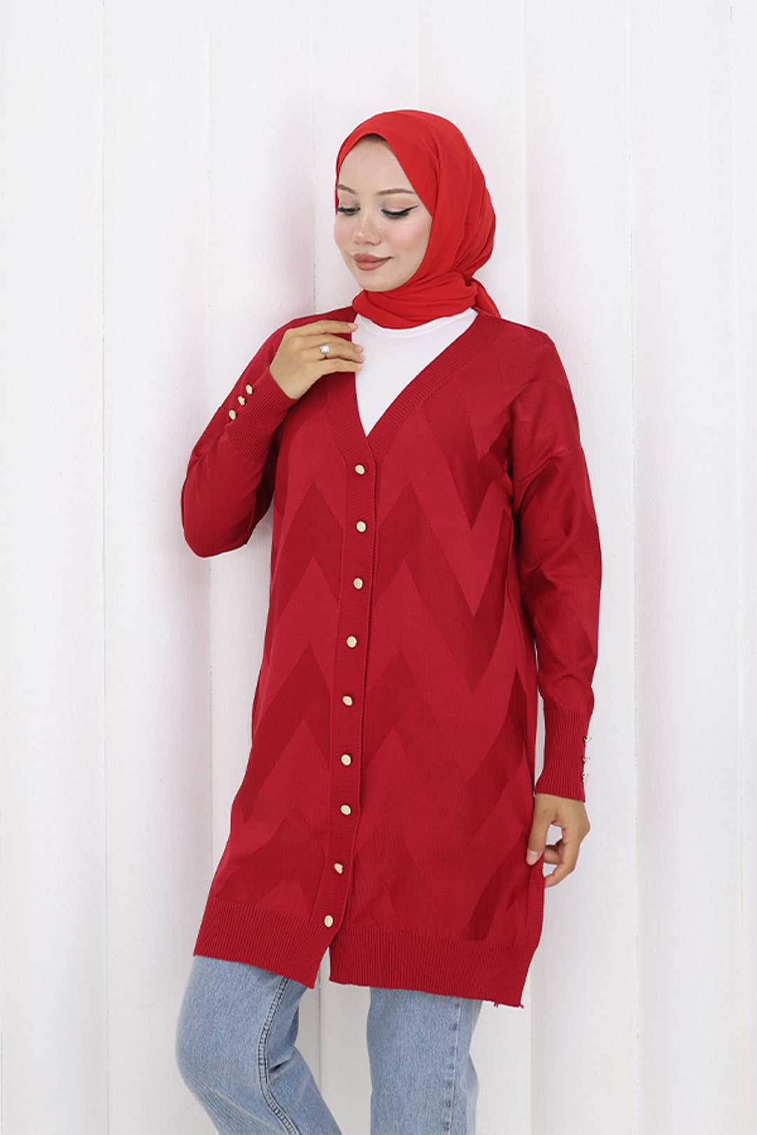 BNG Women Patterned Long Mercerized Cardigan N3193 Red - Encarnación de Díaz