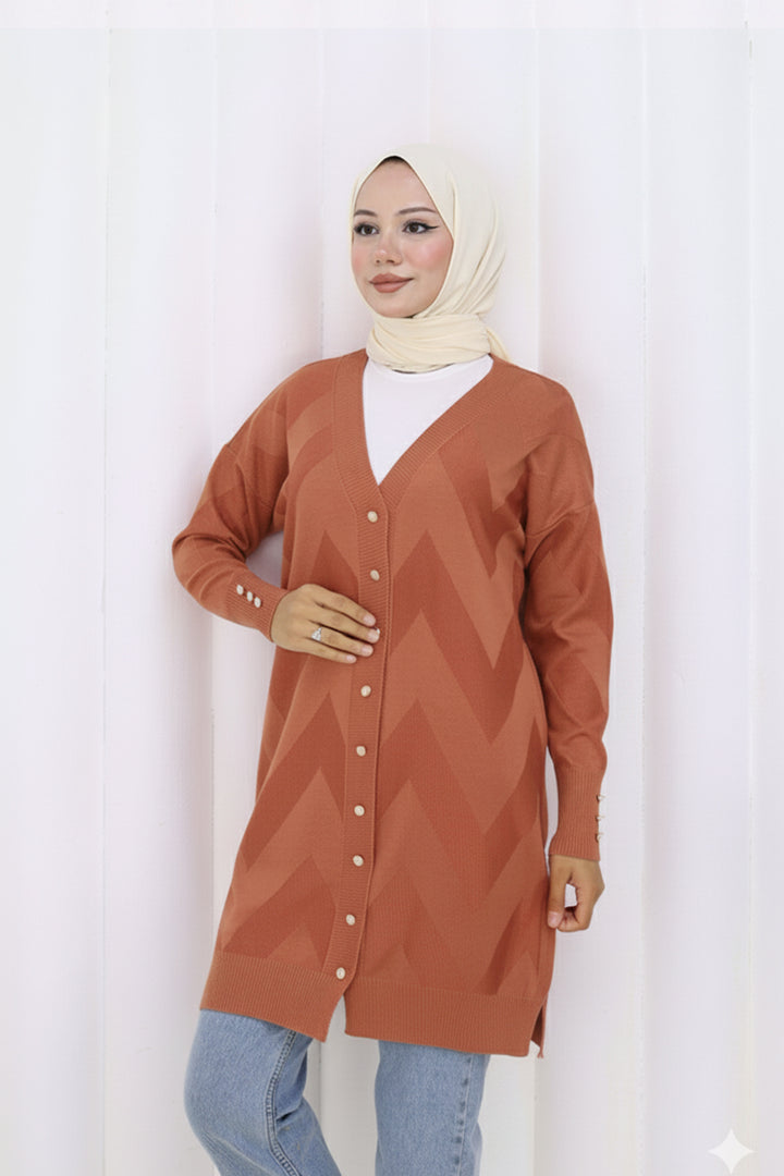 BNG Women Patterned Long Mercerized Cardigan N3193 Terracotta - Myrnohrad