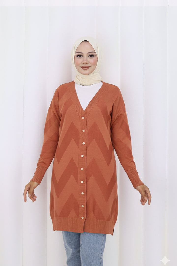 BNG Women Patterned Long Mercerized Cardigan N3193 Terracotta - Myrnohrad