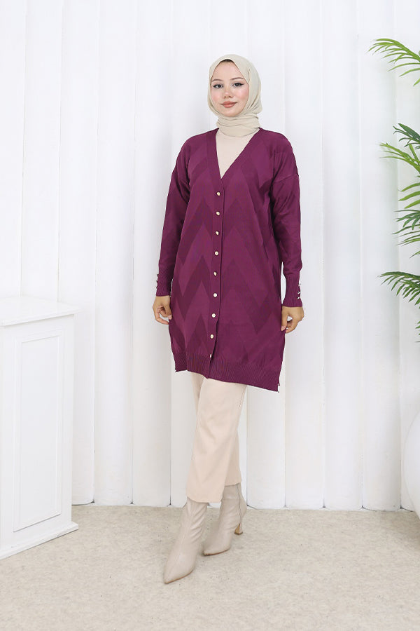 BNG Women Patterned Long Mercerized Cardigan N3193 Purple - Barri