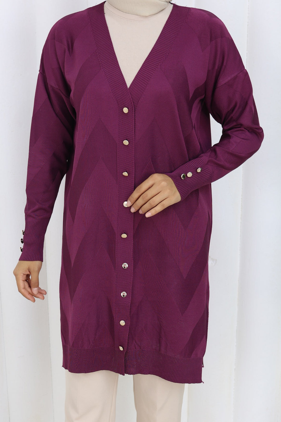 BNG Women Patterned Long Mercerized Cardigan N3193 Purple - Barri