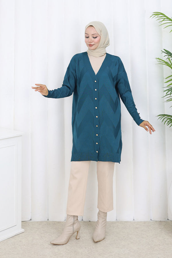 BNG Women Patterned Long Mercerized Cardigan N3193 Petrol - Narva