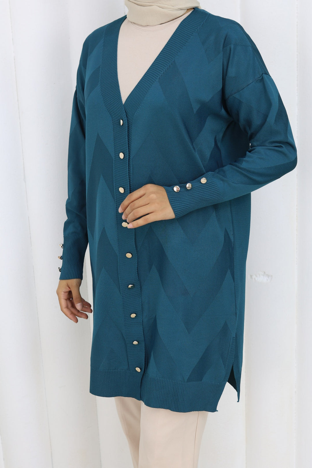 BNG Women Patterned Long Mercerized Cardigan N3193 Petrol - Narva