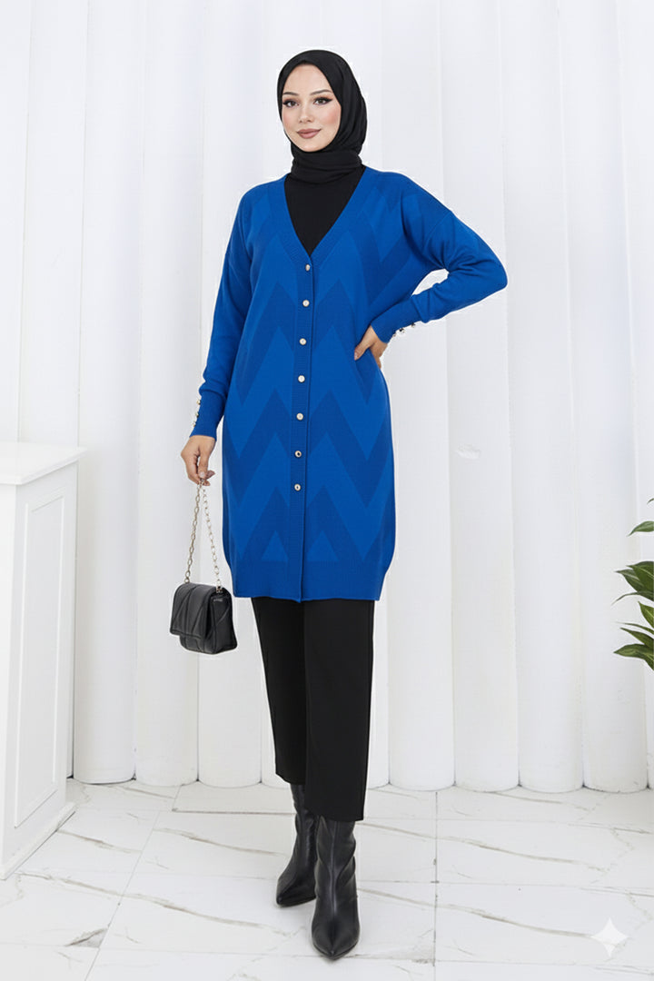 BNG Women Patterned Long Mercerized Cardigan N3193 Sax Blue - Reutlingen