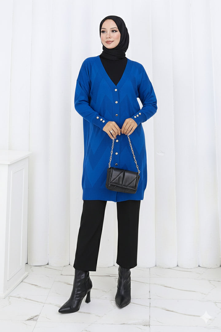 BNG Women Patterned Long Mercerized Cardigan N3193 Sax Blue - Reutlingen