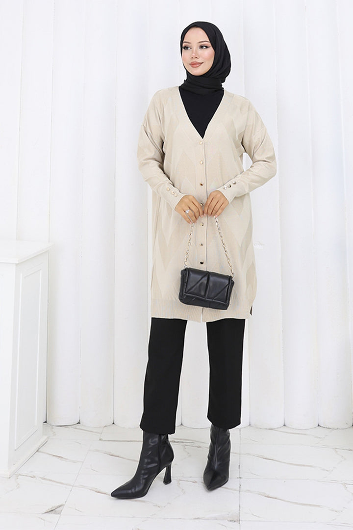 BNG Women Desenli Uzun Merserize Hırka N3193 Taş Rengi - Sumy