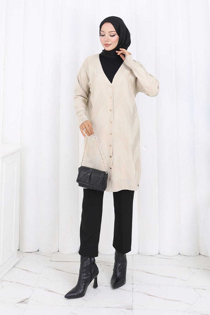 BNG Women Desenli Uzun Merserize Hırka N3193 Taş Rengi - Sumy