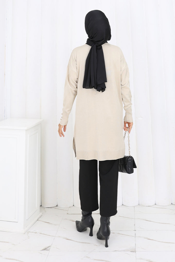 BNG Women Desenli Uzun Merserize Hırka N3193 Taş Rengi - Sumy