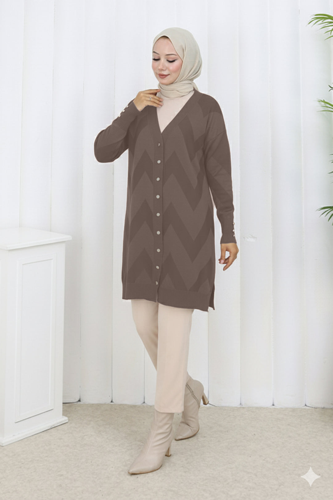 BNG Women Desenli Uzun Merserize Hırka N3193 Vizon - Port Arthur