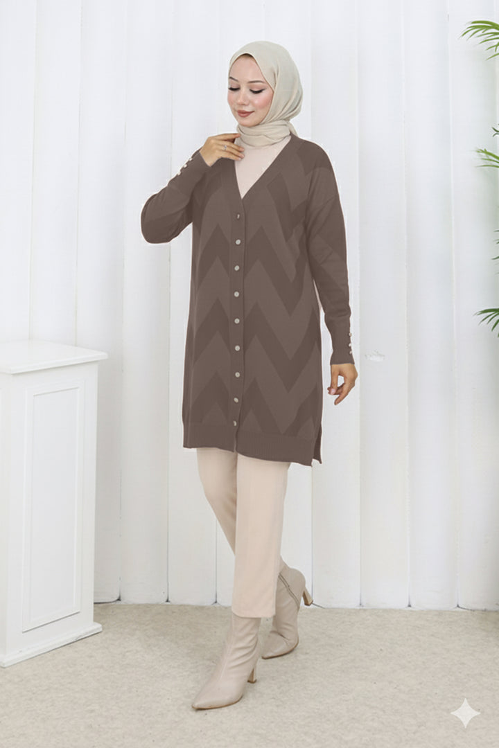 BNG Women Desenli Uzun Merserize Hırka N3193 Vizon - Port Arthur