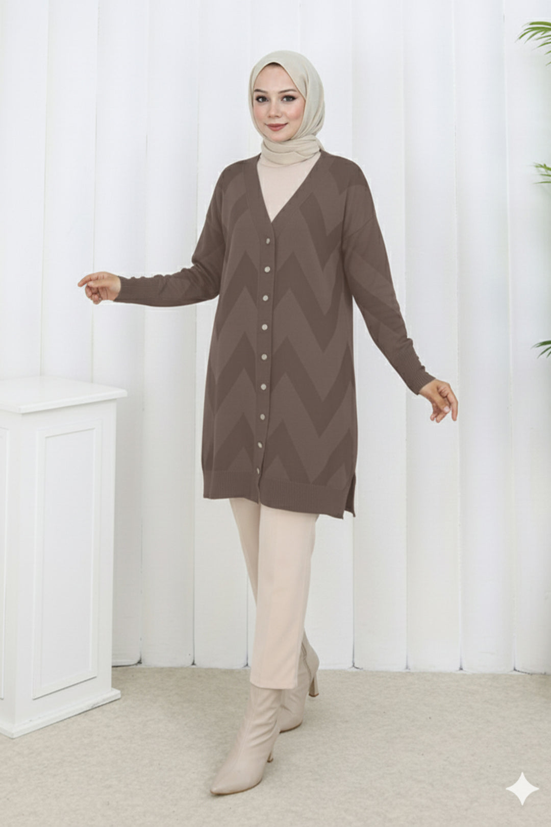 BNG Women Desenli Uzun Merserize Hırka N3193 Vizon - Port Arthur