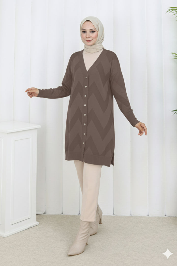 BNG Women Desenli Uzun Merserize Hırka N3193 Vizon - Port Arthur