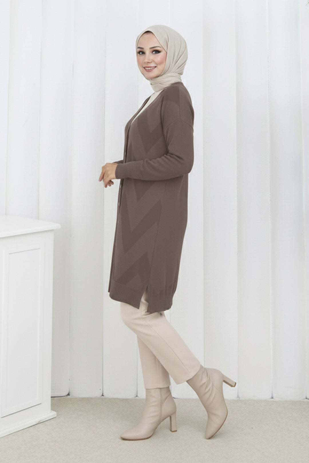 BNG Women Desenli Uzun Merserize Hırka N3193 Vizon - Port Arthur