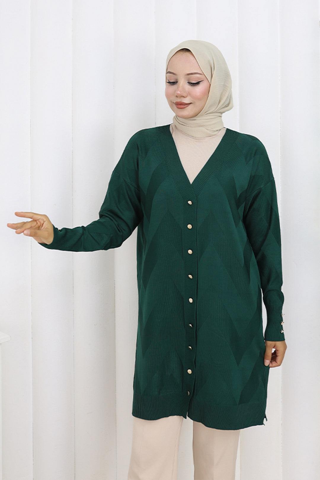 BNG Women Patterned Long Mercerized Cardigan N3193 Emerald Green - Maple Grove