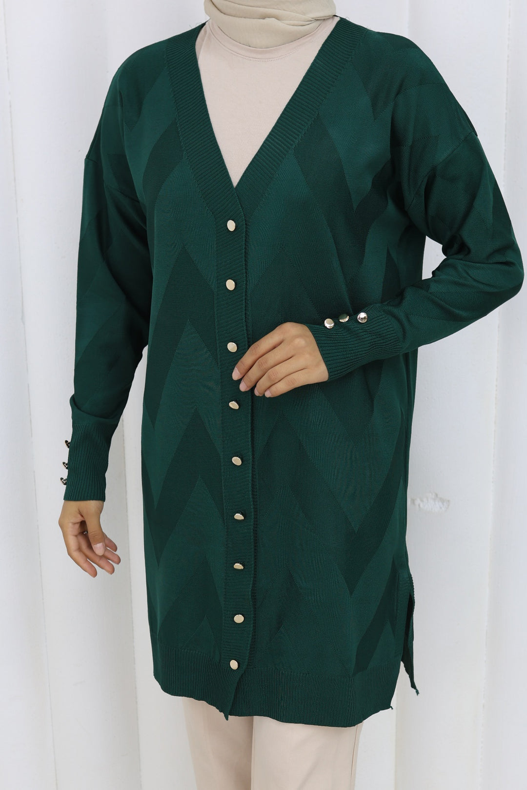 BNG Women Patterned Long Mercerized Cardigan N3193 Emerald Green - Maple Grove