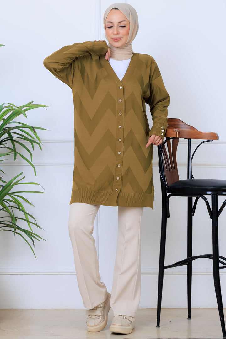 BNG Women Desenli Uzun Merserize Hırka N3193 Yağ Yeşili - Herne Bay