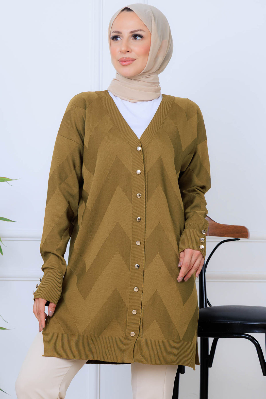 BNG Women Desenli Uzun Merserize Hırka N3193 Yağ Yeşili - Herne Bay