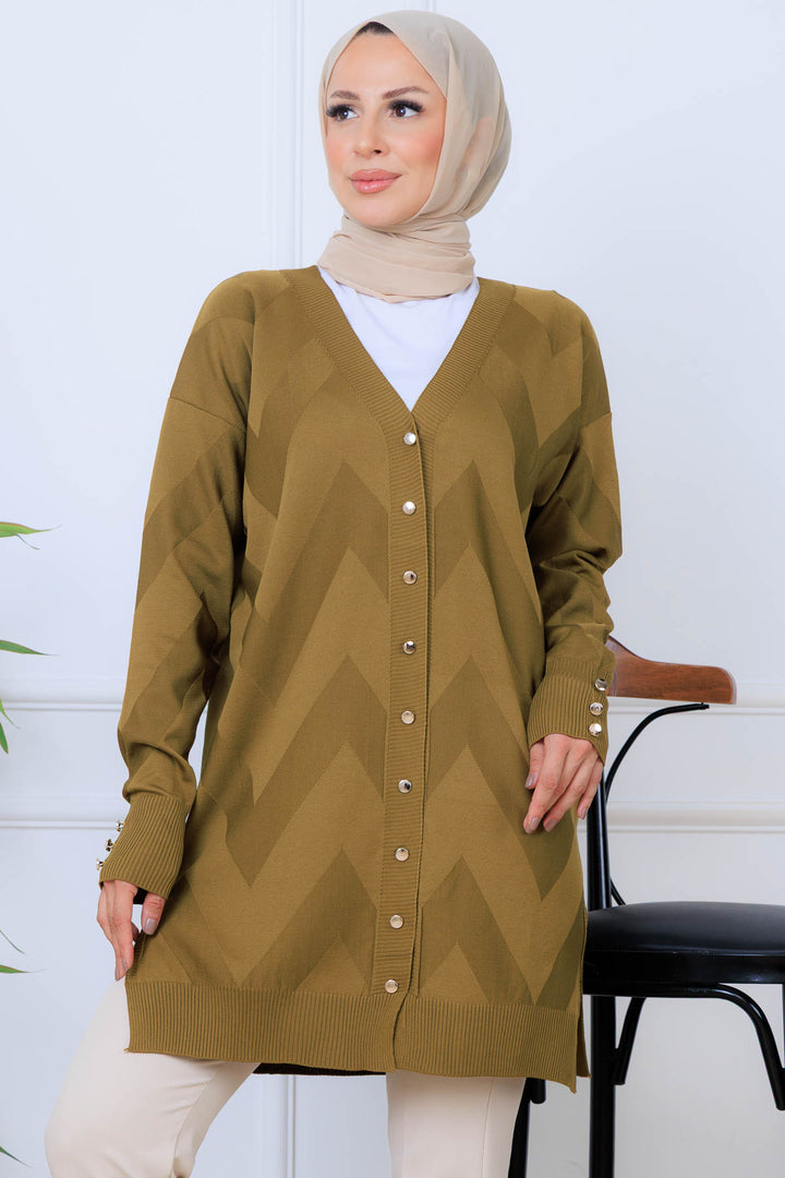 BNG Women Desenli Uzun Merserize Hırka N3193 Yağ Yeşili - Herne Bay