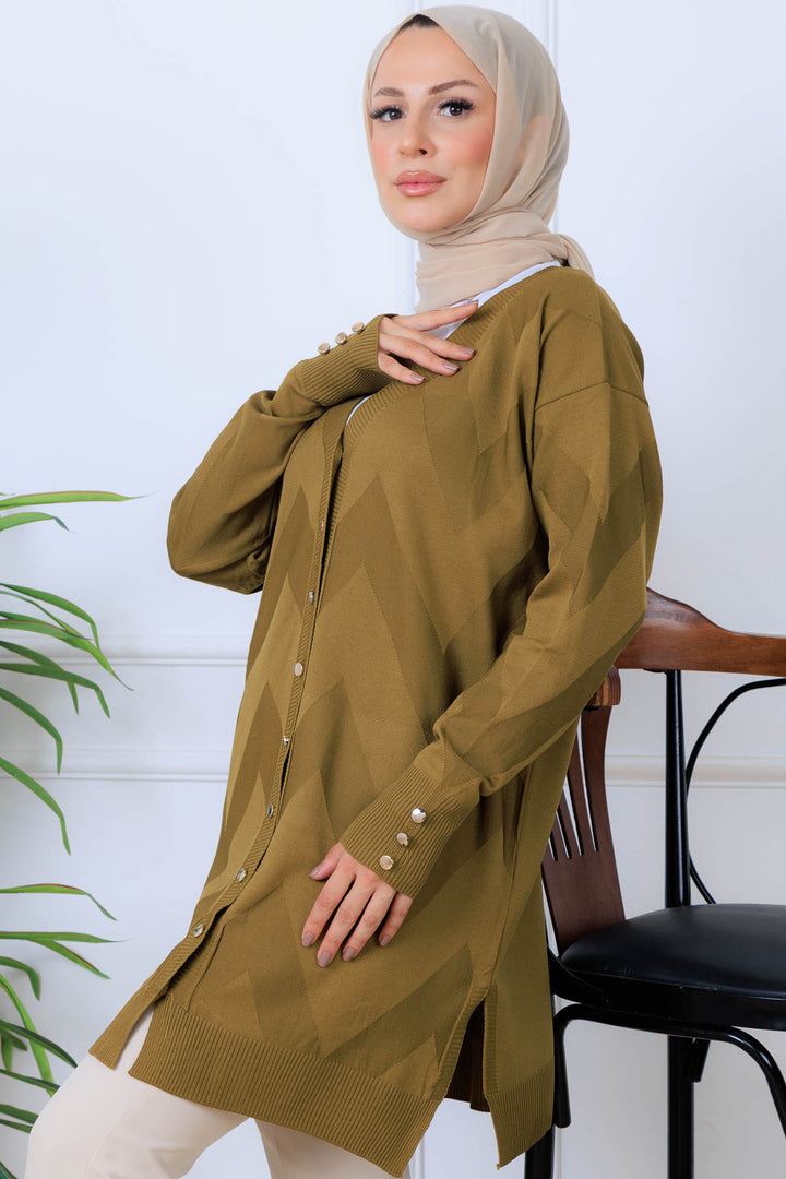 BNG Women Desenli Uzun Merserize Hırka N3193 Yağ Yeşili - Herne Bay