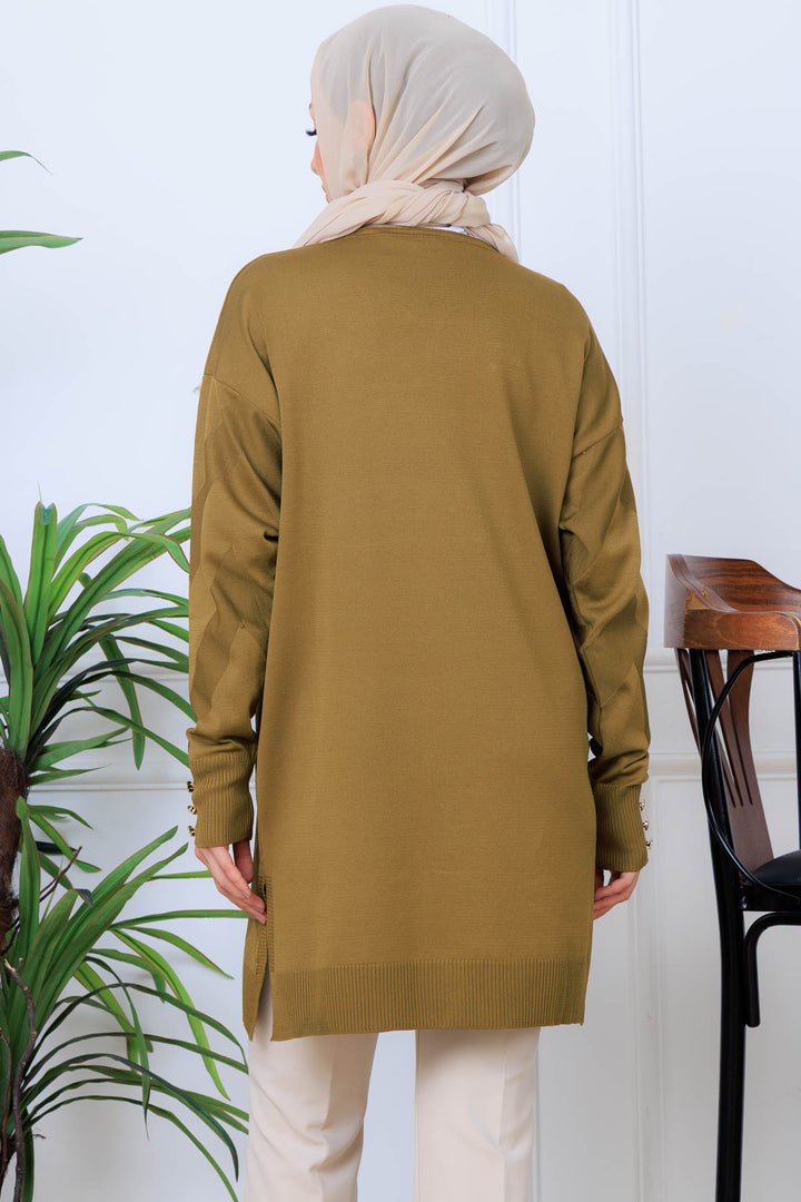 BNG Women Desenli Uzun Merserize Hırka N3193 Yağ Yeşili - Herne Bay