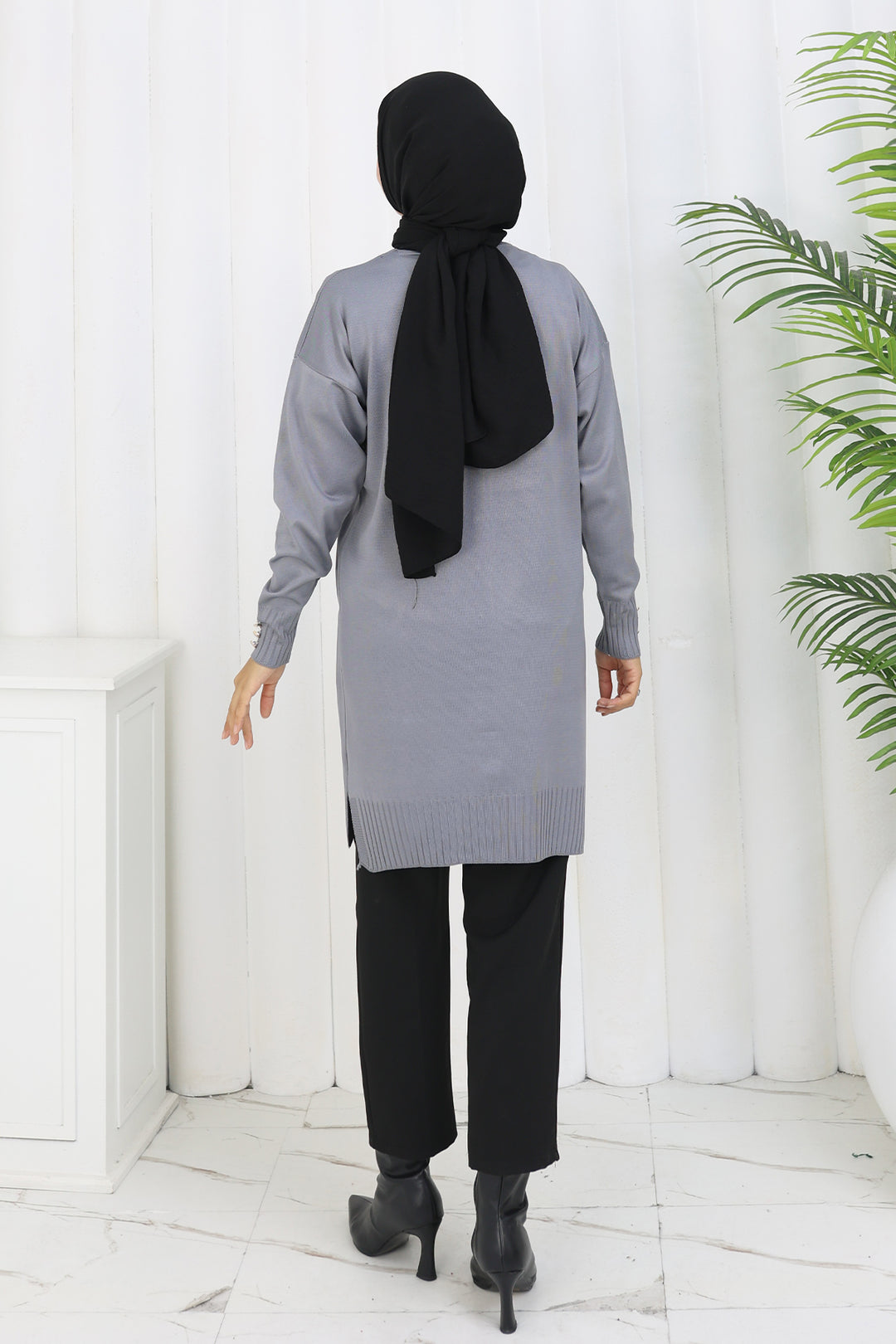 BNG Women Yaka Detaylı Uzun Merserize Hırka N3260 Gri - Marion