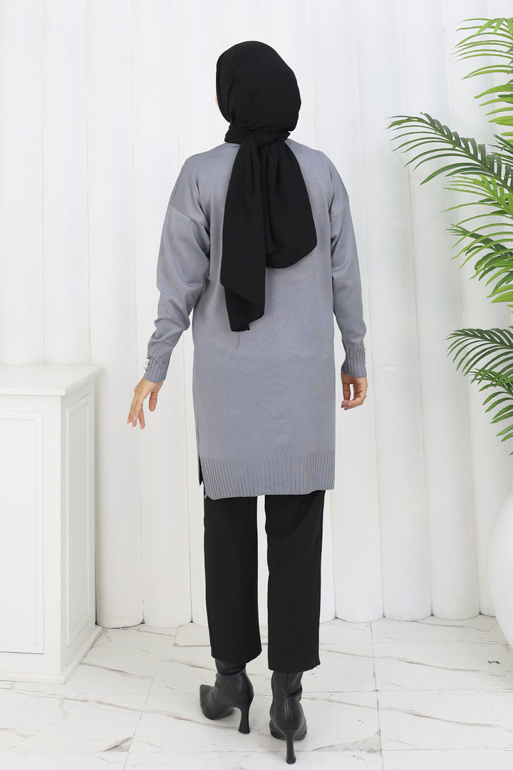 BNG Women Yaka Detaylı Uzun Merserize Hırka N3260 Gri - Marion