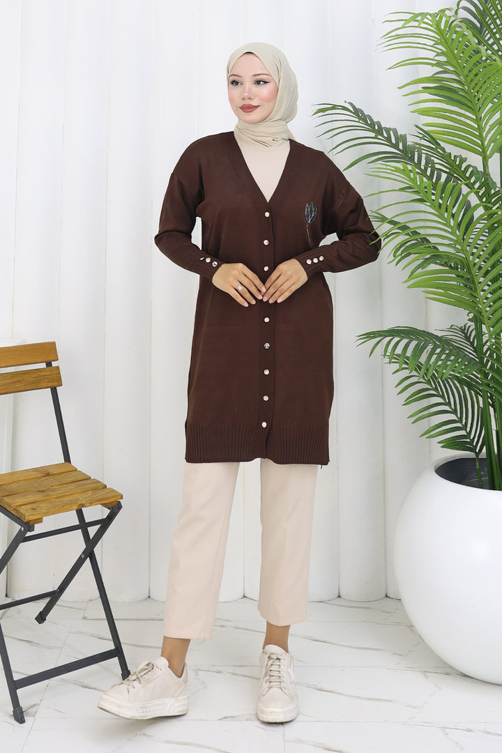 BNG Women Neck Detailed Long Mercerized Cardigan N3260 Brown - Visalia