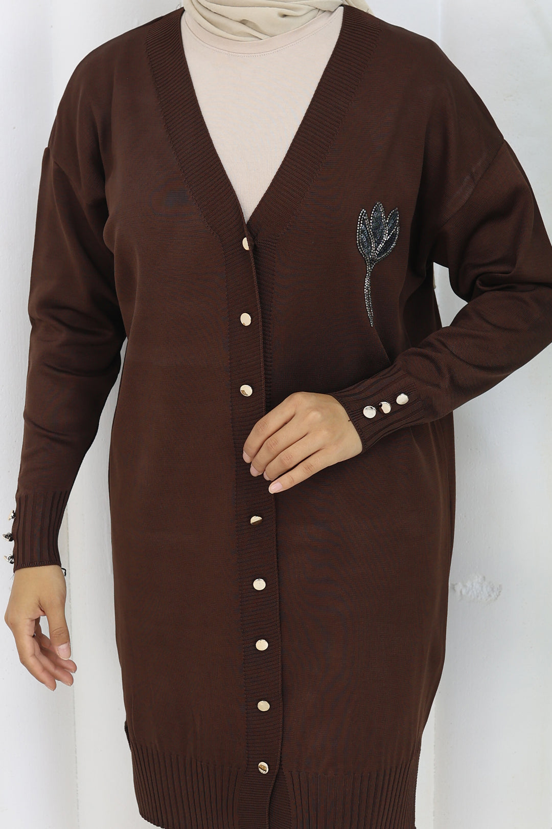 BNG Women Neck Detailed Long Mercerized Cardigan N3260 Brown - Visalia