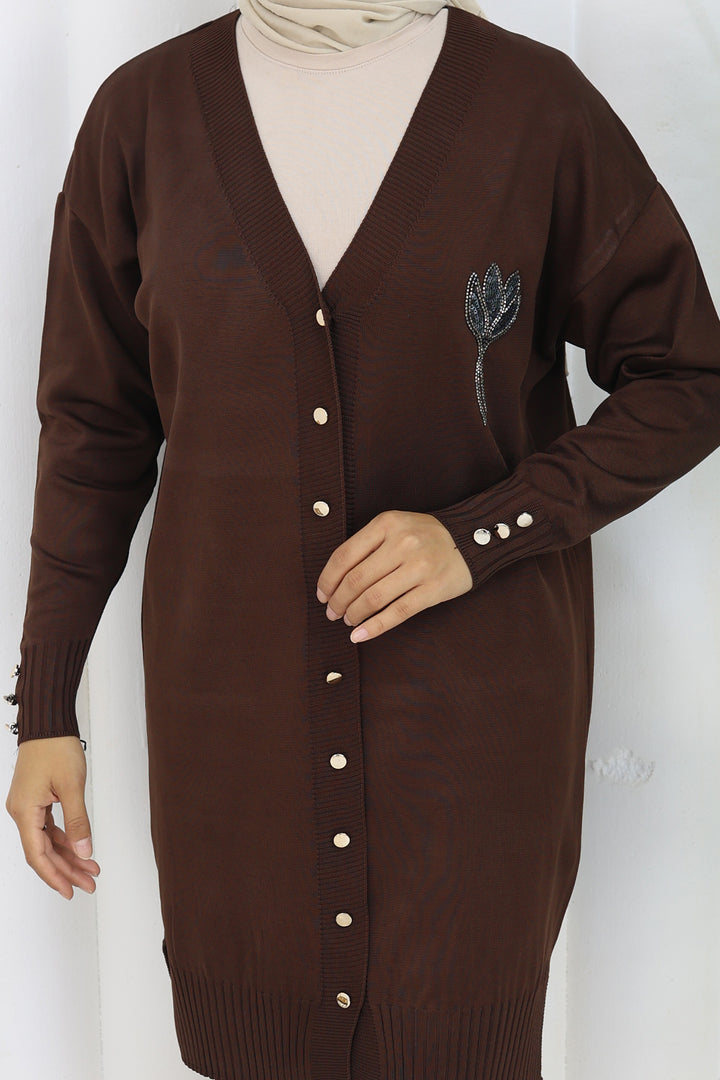 BNG Women Neck Detailed Long Mercerized Cardigan N3260 Brown - Visalia