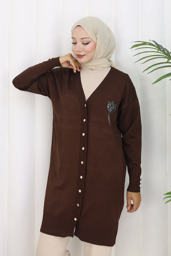 BNG Women Neck Detailed Long Mercerized Cardigan N3260 Brown - Visalia