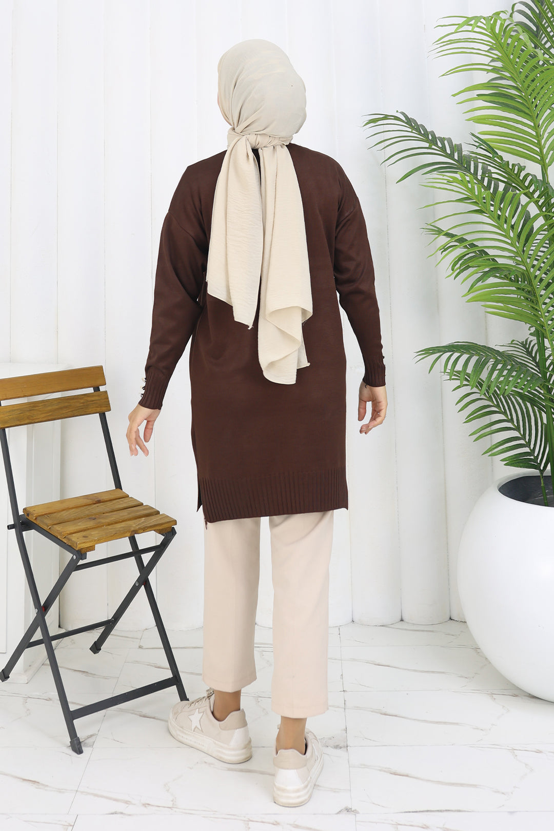 BNG Women Neck Detailed Long Mercerized Cardigan N3260 Brown - Visalia