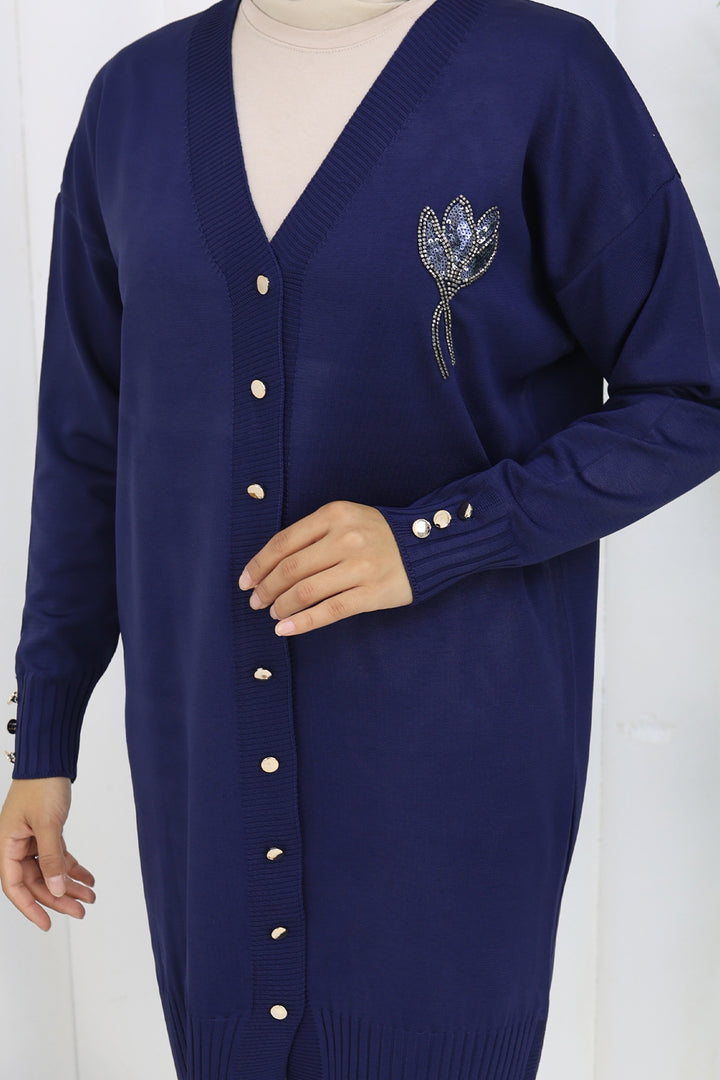 BNG Women Yaka Detaylı Uzun Merserize Hırka N3260 Lacivert - Lancaster