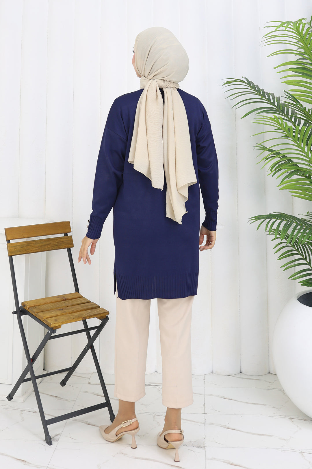 BNG Women Yaka Detaylı Uzun Merserize Hırka N3260 Lacivert - Lancaster