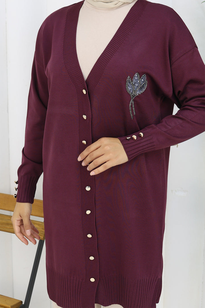 BNG Women Neck Detailed Long Mercerized Cardigan N3260 Purple - Caivano