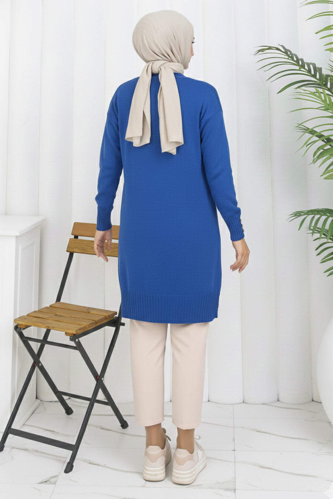 BNG Women Yaka Detaylı Uzun Merserize Hırka N3260 Saks Mavisi - Small Heath