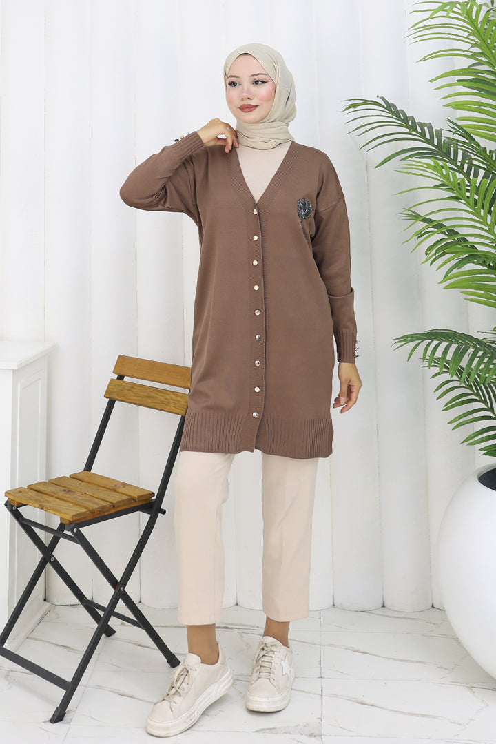 BNG Women Yaka Detaylı Uzun Merserize Hırka N3260 Vizon - Bornheim