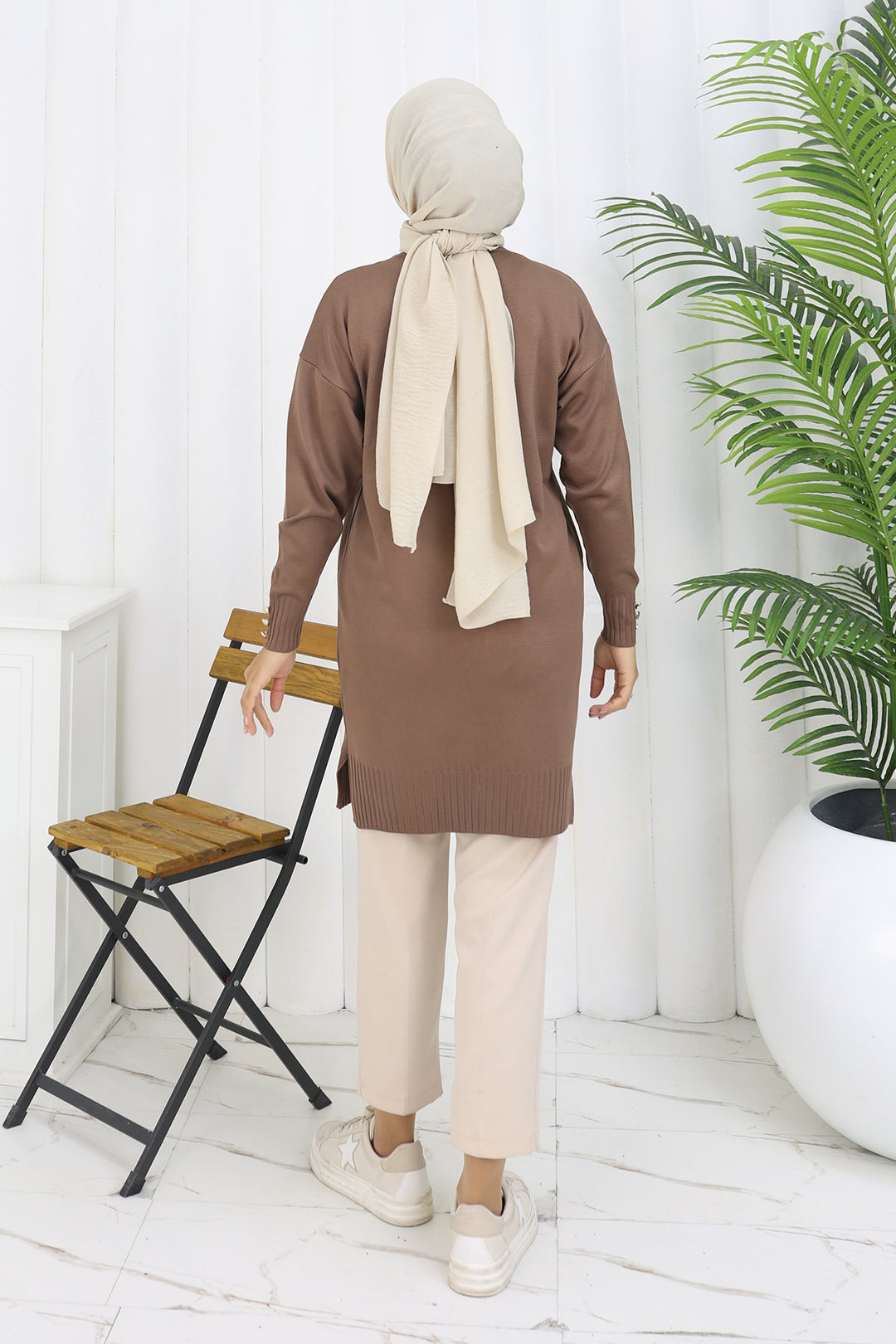 BNG Women Yaka Detaylı Uzun Merserize Hırka N3260 Vizon - Bornheim