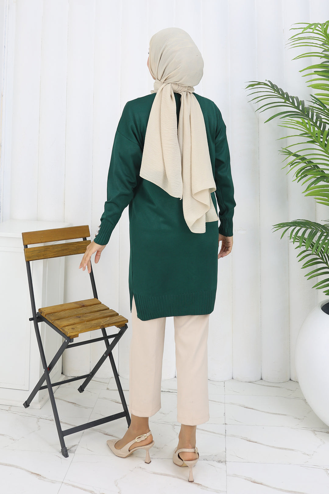 BNG Women Yaka Detaylı Uzun Merserize Hırka N3260 Zümrüt Yeşili - El Ejido