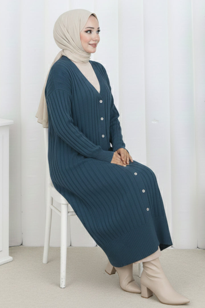 BNG Women Desenli Uzun Merserize Hırka N3257 Petrol - Lakewood