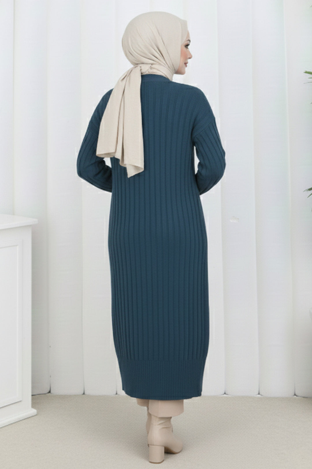 BNG Women Desenli Uzun Merserize Hırka N3257 Petrol - Lakewood