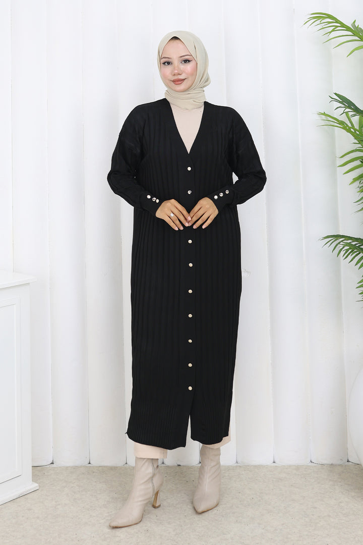 BNG Women Desenli Uzun Merserize Hırka N3257 Siyah - Calais