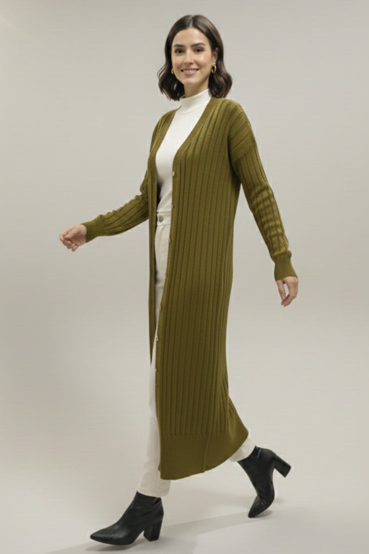 BNG Women Desenli Uzun Merserize Hırka N3257 Yağ Yeşili - Hoover