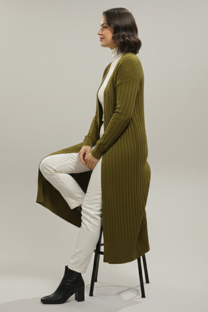 BNG Women Desenli Uzun Merserize Hırka N3257 Yağ Yeşili - Hoover