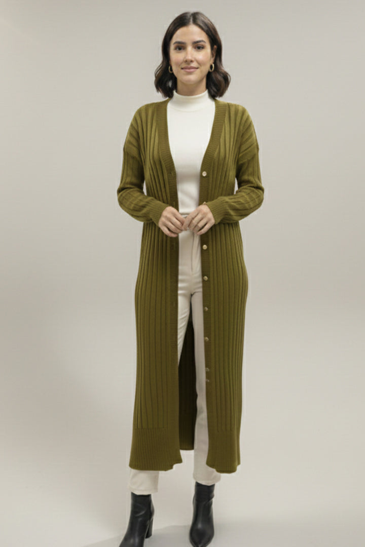 BNG Women Desenli Uzun Merserize Hırka N3257 Yağ Yeşili - Hoover