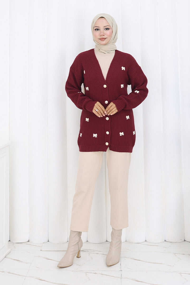 BNG Women Fiyonk Detaylı Triko Hırka N490 Bordo - Beaumont