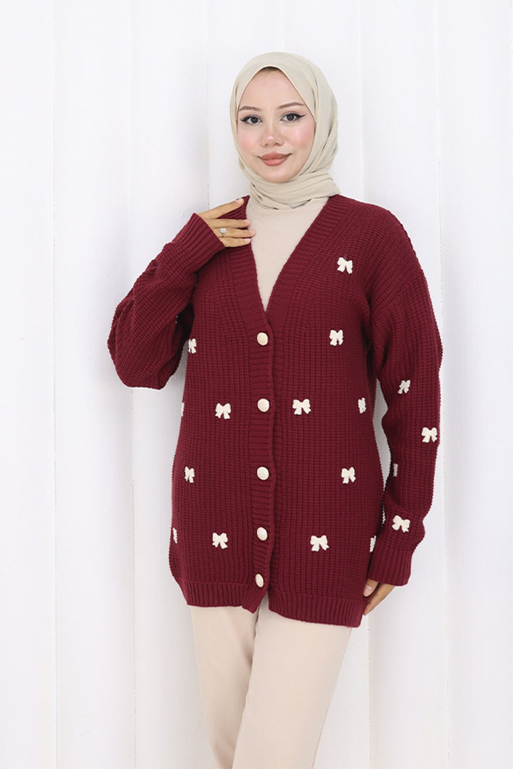 BNG Women Fiyonk Detaylı Triko Hırka N490 Bordo - Beaumont